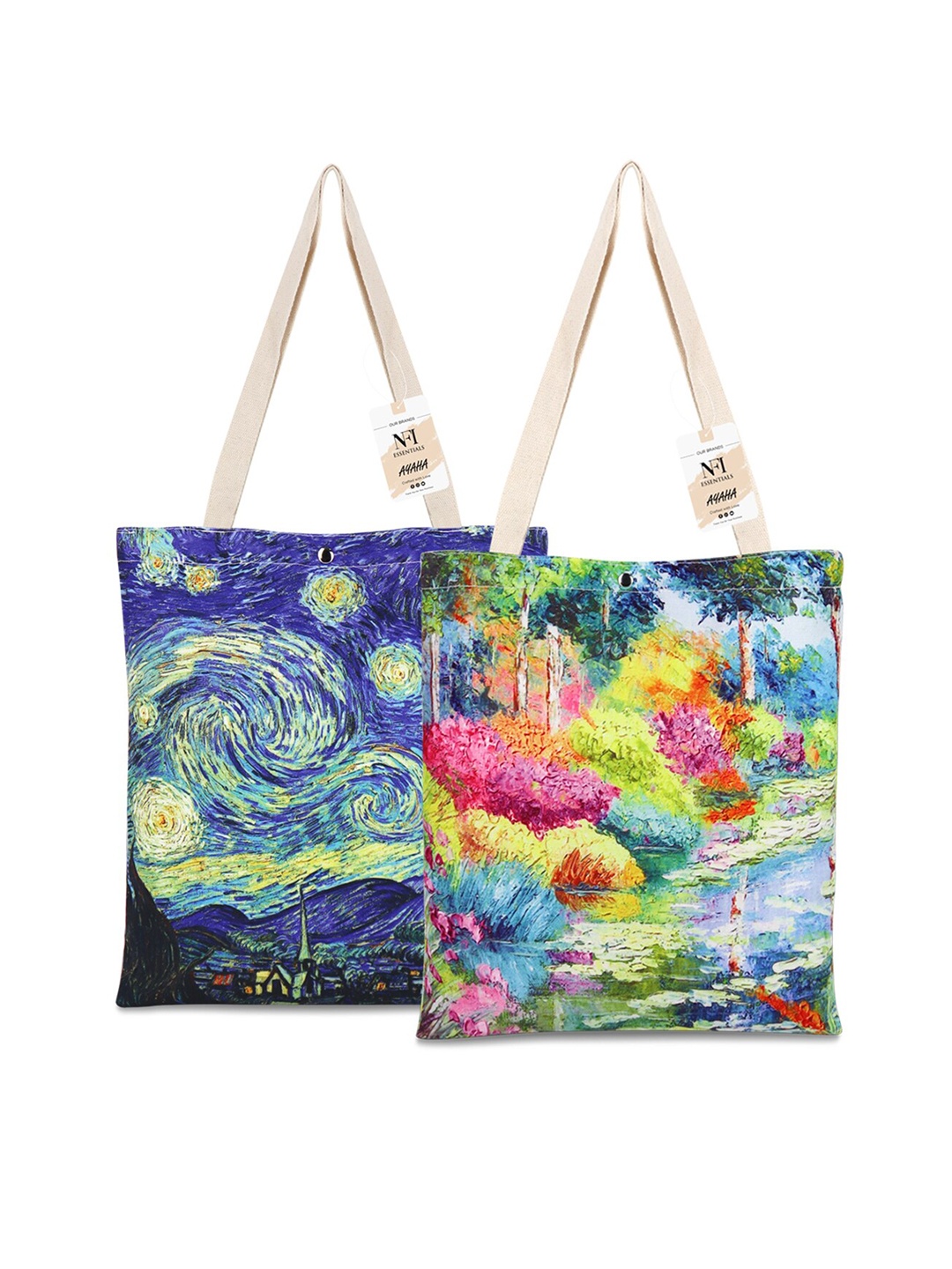 

NFI essentials Pack Of 2 Abstract Printed Shopper Canvas Tote Bag, Navy blue