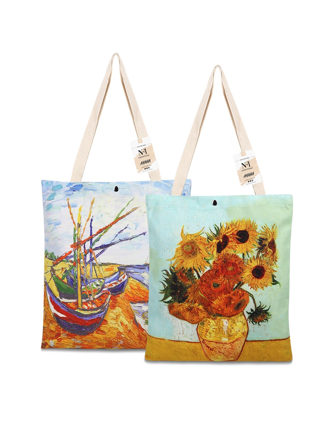 NFI essentials Set Of 2 Graphic Printed Shopper Tote Bag, Blue