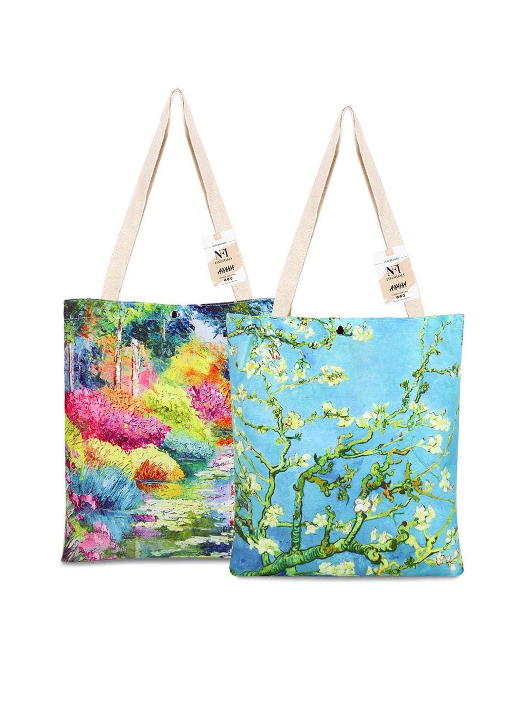 NFI essentials Set Of 2 Graphic Printed Shopper Tote Bag, Blue