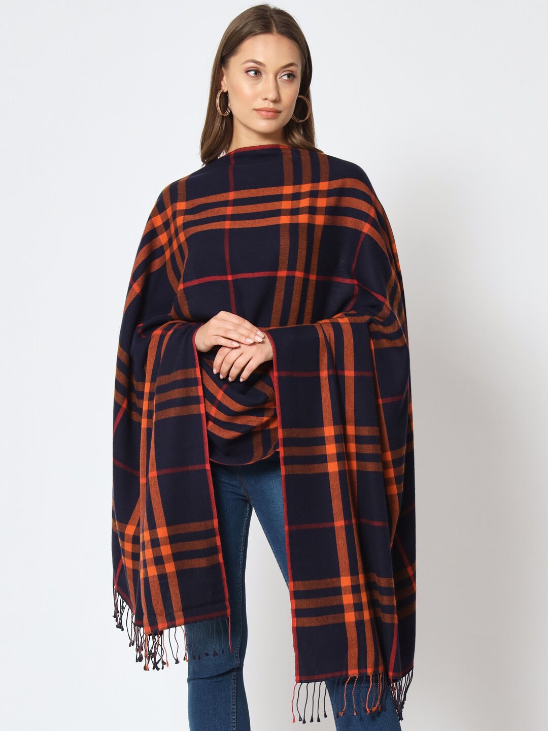 

MODARTA Silk Pashmina Checked Shawl, Blue