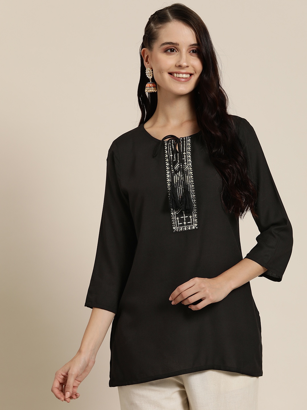

HERE&NOW Ethnic Motifs Embroidered Sequinned Kurti, Black