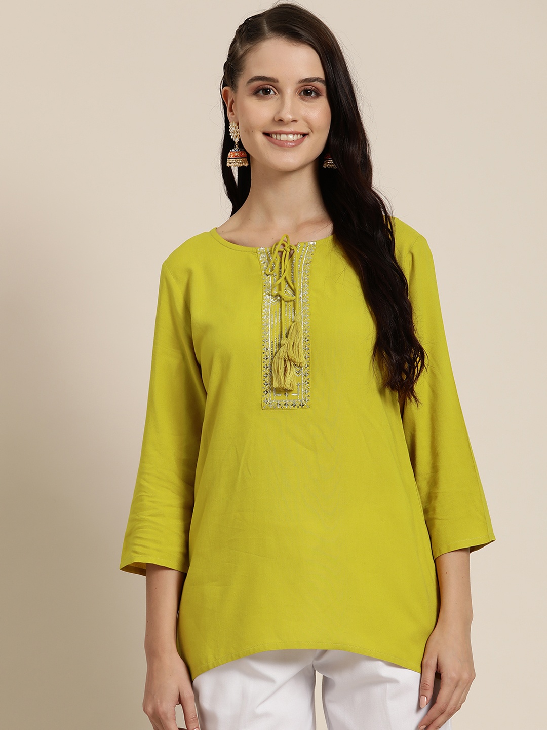 

HERE&NOW Ethnic Motifs Embroidered Sequinned Kurti, Lime green
