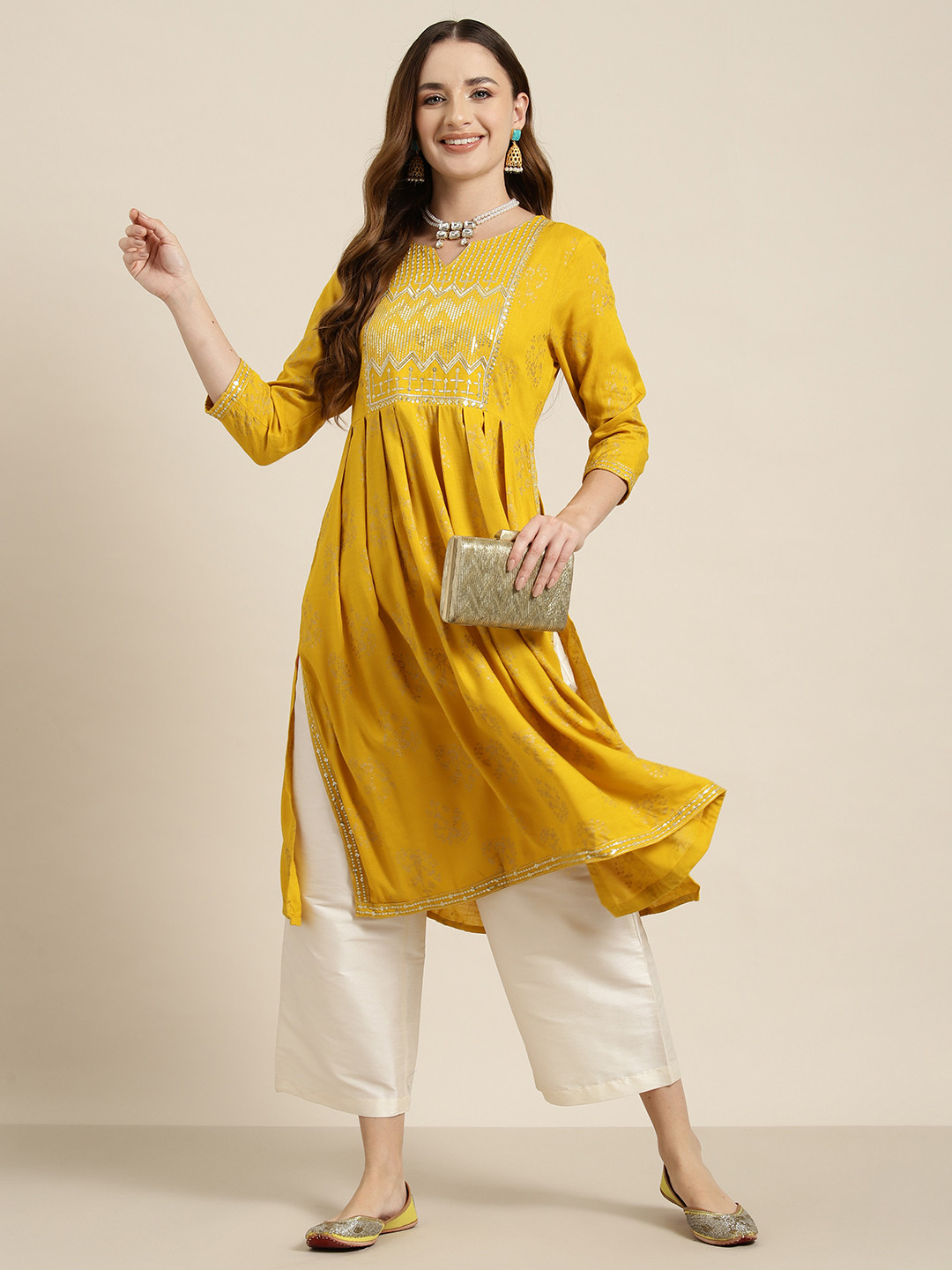 

HERE&NOW Ethnic Motifs Print Sequinned Kurta, Mustard