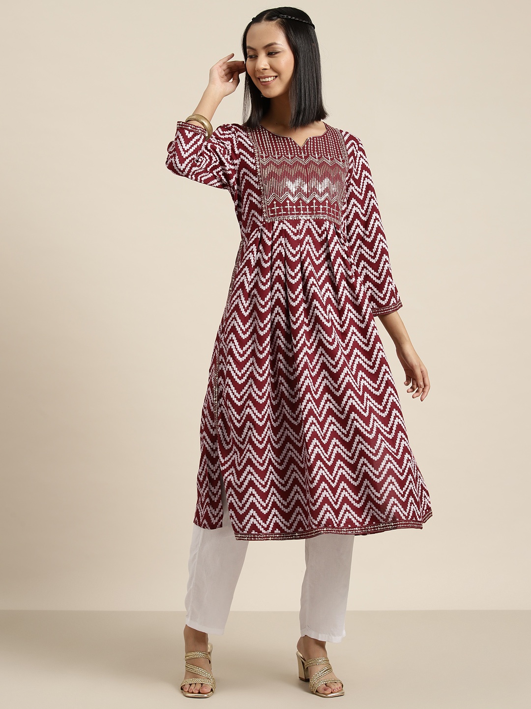 

HERE&NOW Geometric Print Sequinned Kurta, Maroon