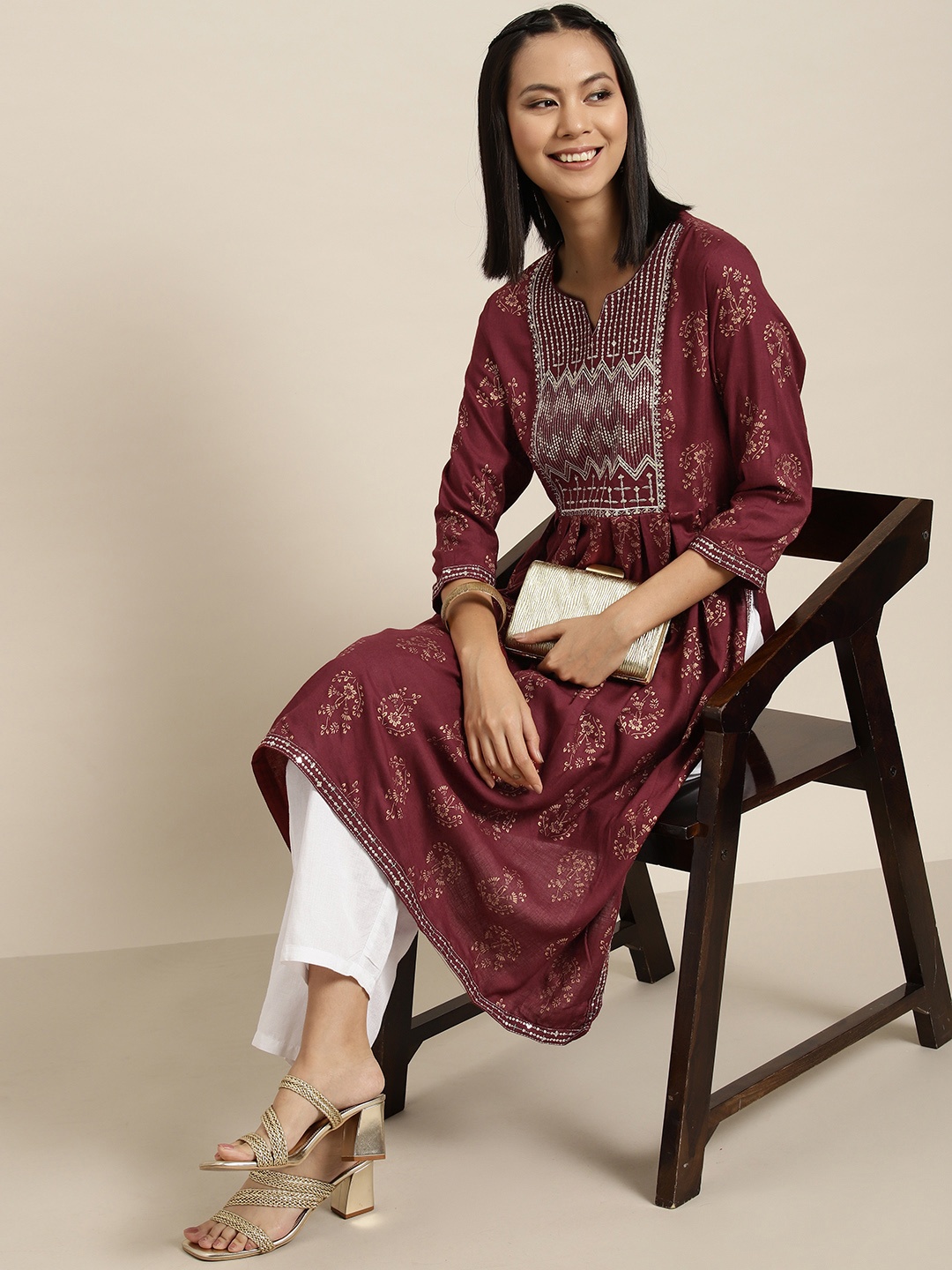 

HERE&NOW Cotton Printed Sequinned Kurta, Maroon