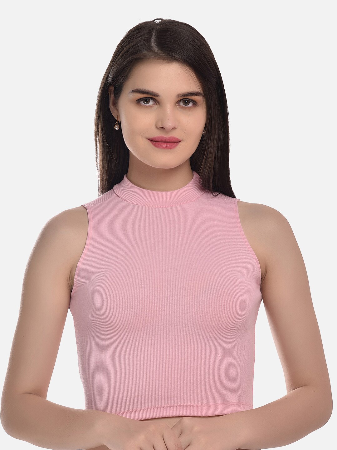 

StyFun Ribbed High Neck Fitted Cotton Crop Top, Pink