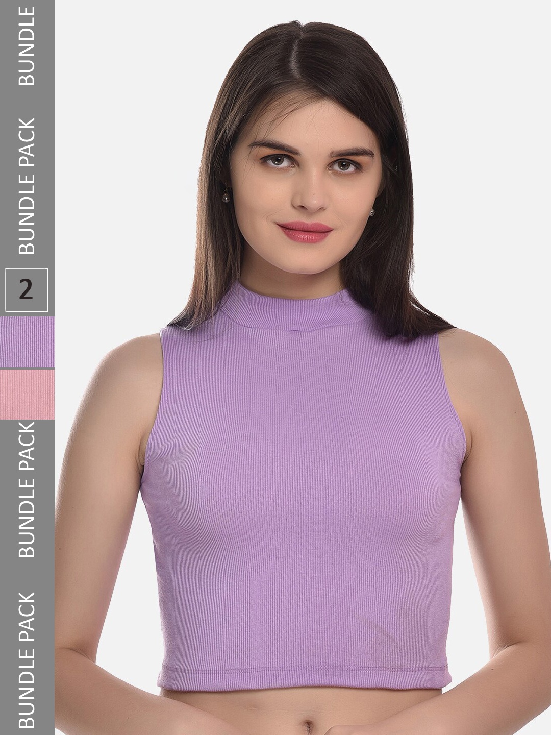 

StyFun Pack Of 2 Ribbed High Neck Fitted Cotton Crop Top, Purple