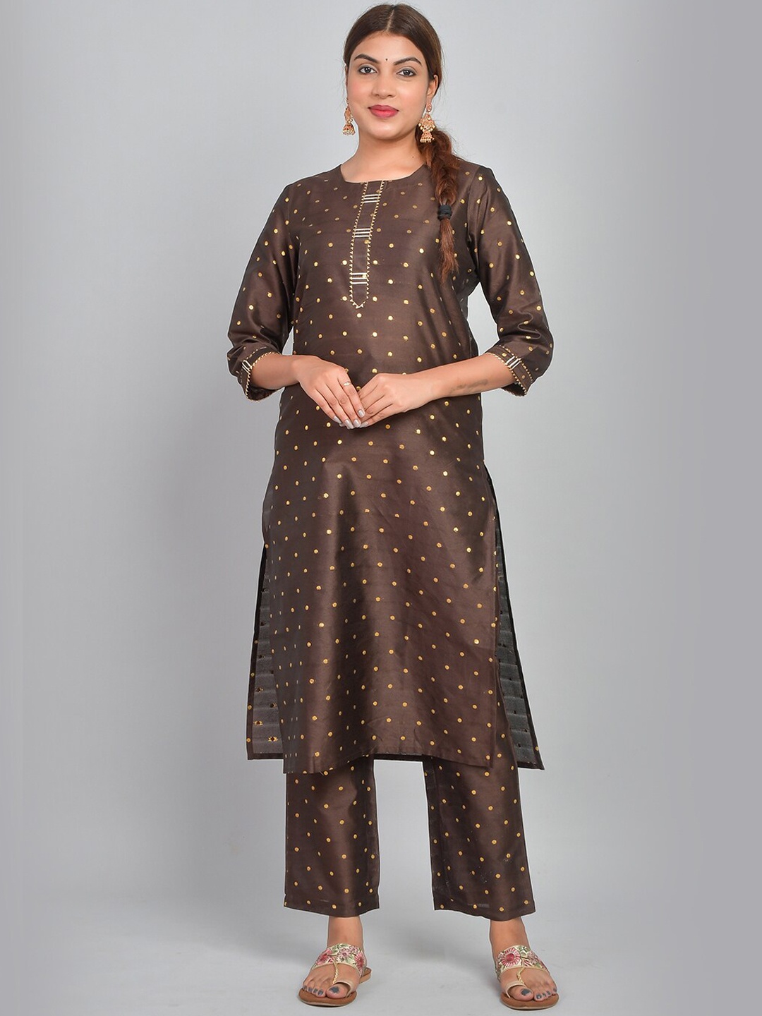 

Riara Ethnic Motifs Woven Design Gotta Patti Kurta With Trousers, Brown