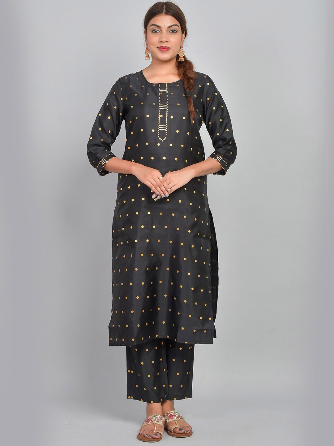 Riara Polka Dots Printed Gotta Pattai Kurta with Trousers, Black
