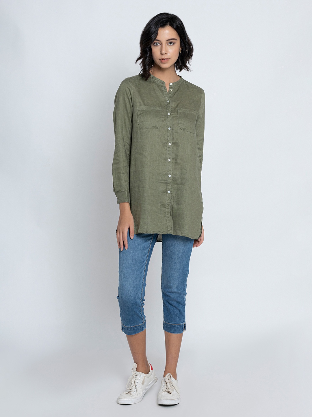 B.Copenhagen Band Collar Pure Linen Casual Shirt, Green