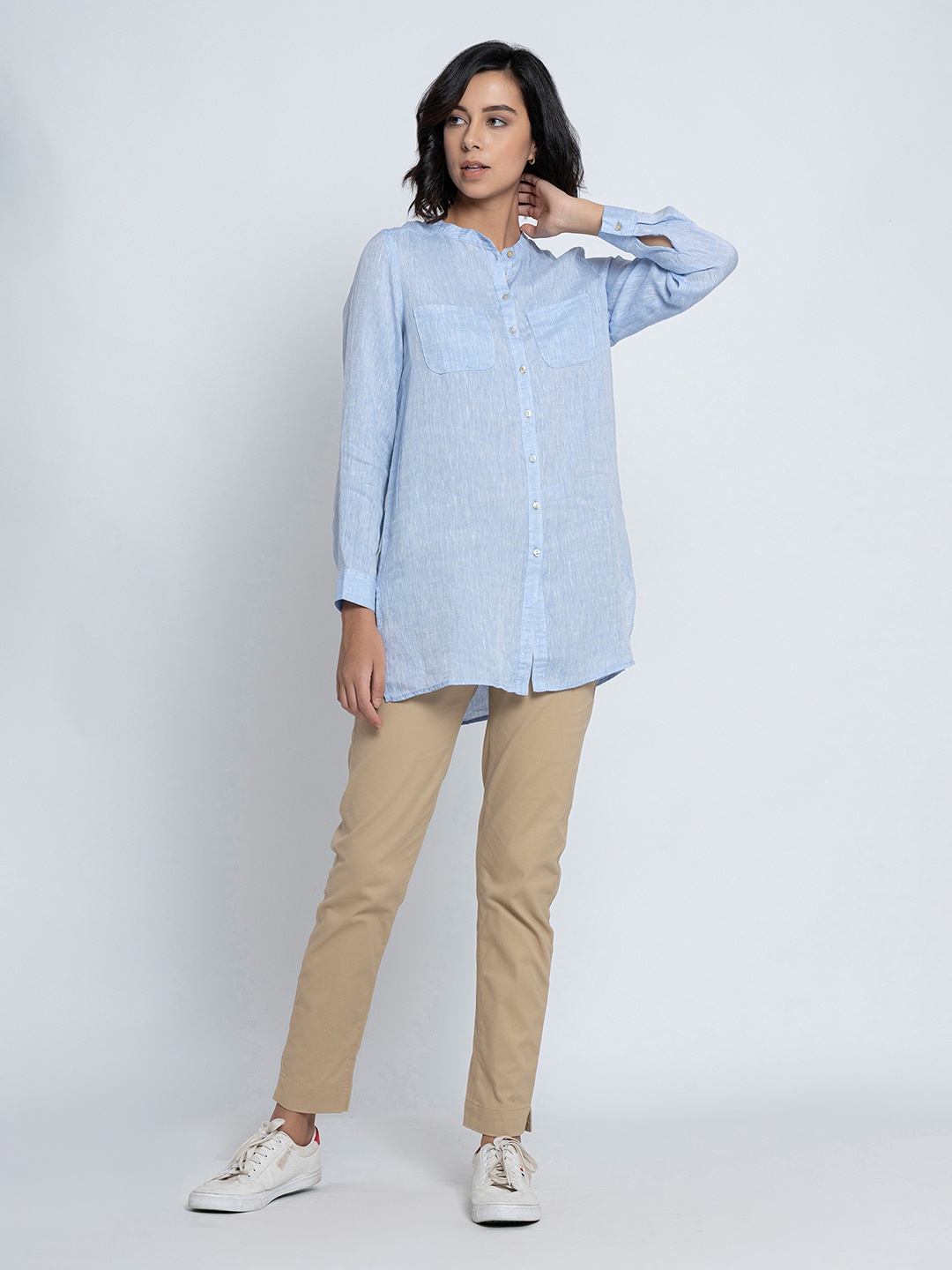 

B.Copenhagen Band Collar Pure Linen Casual Shirt, Blue