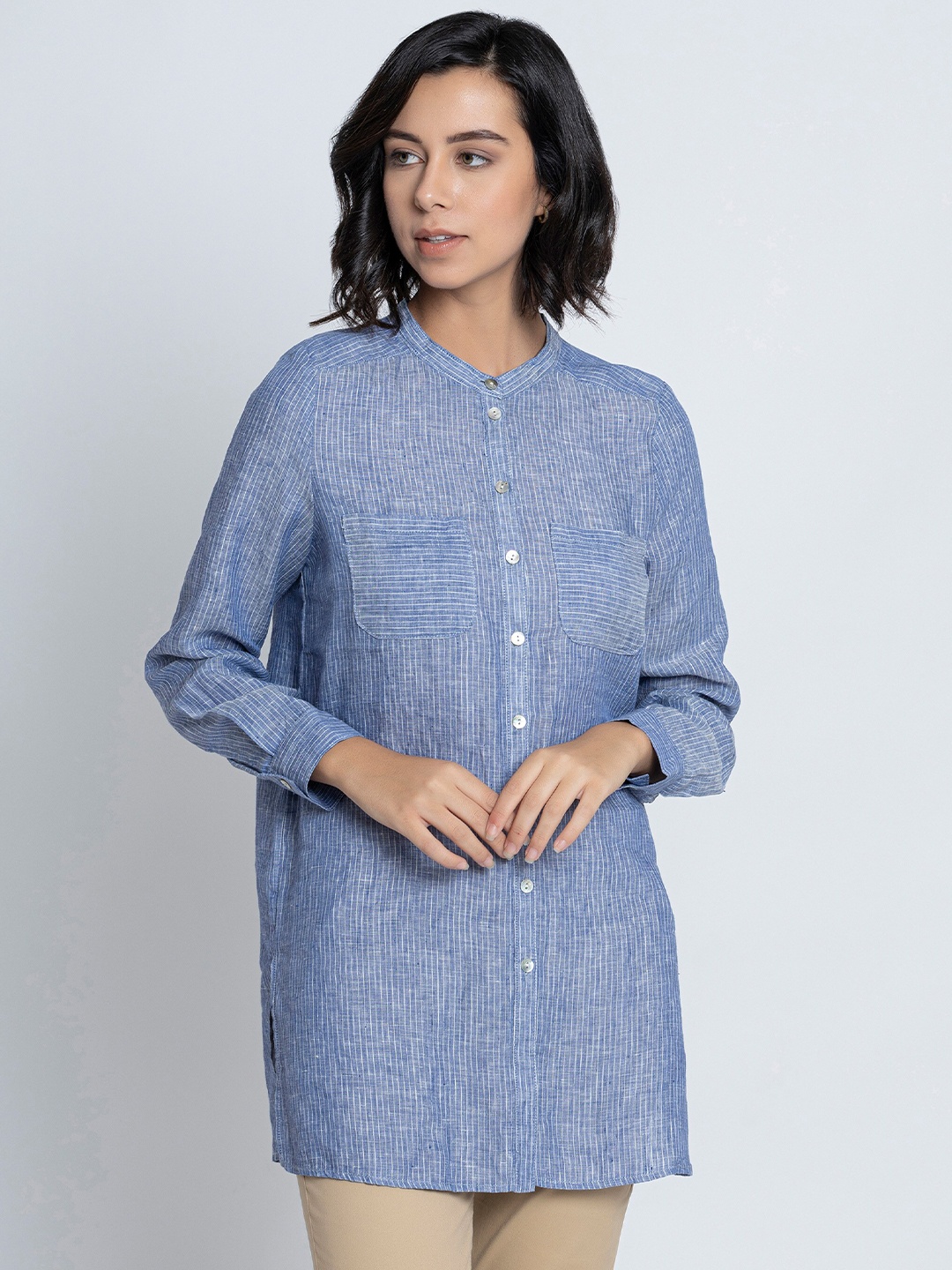 

B.Copenhagen Vertical Striped Band Collar Pure Linen Casual Shirt, Blue