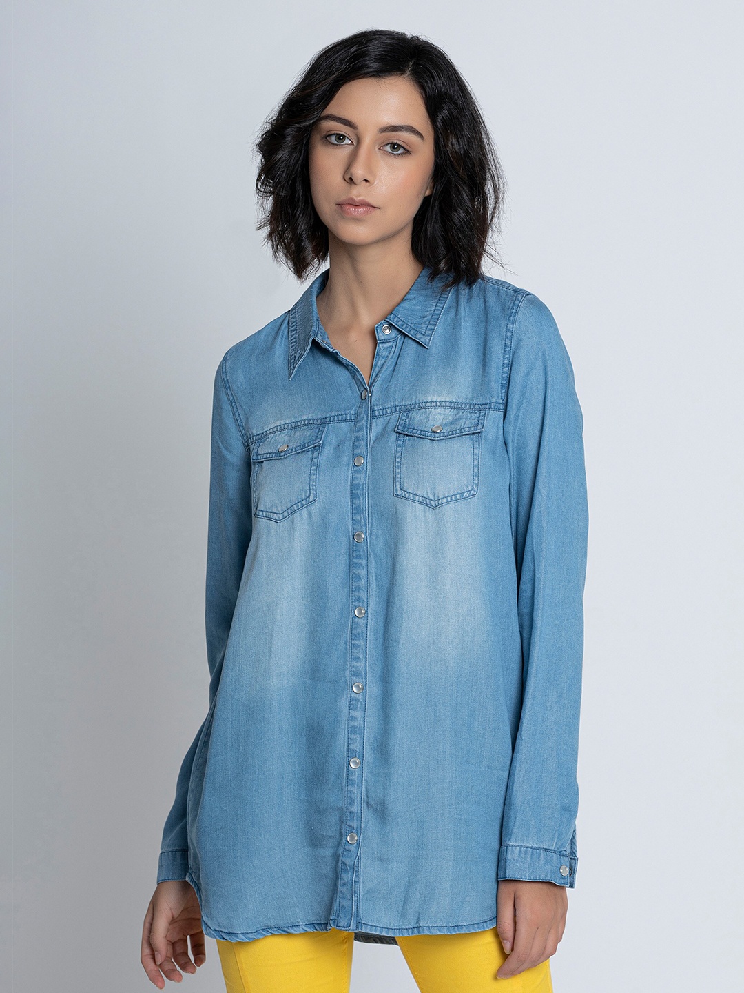 B.Copenhagen Spread Collar Denim Casual Shirt, Blue