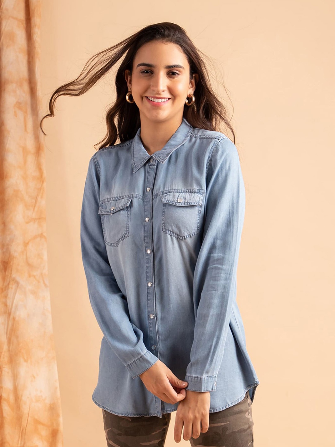 

B.Copenhagen Spread Collar Denim Casual Shirt, Blue