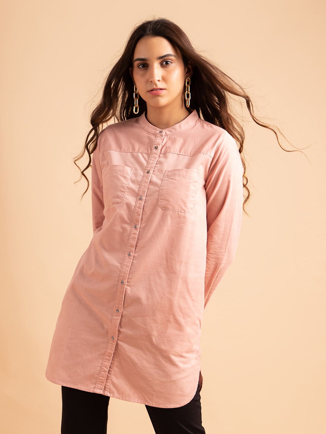 B.Copenhagen Band Collar Self Design Casual Shirt, Rose
