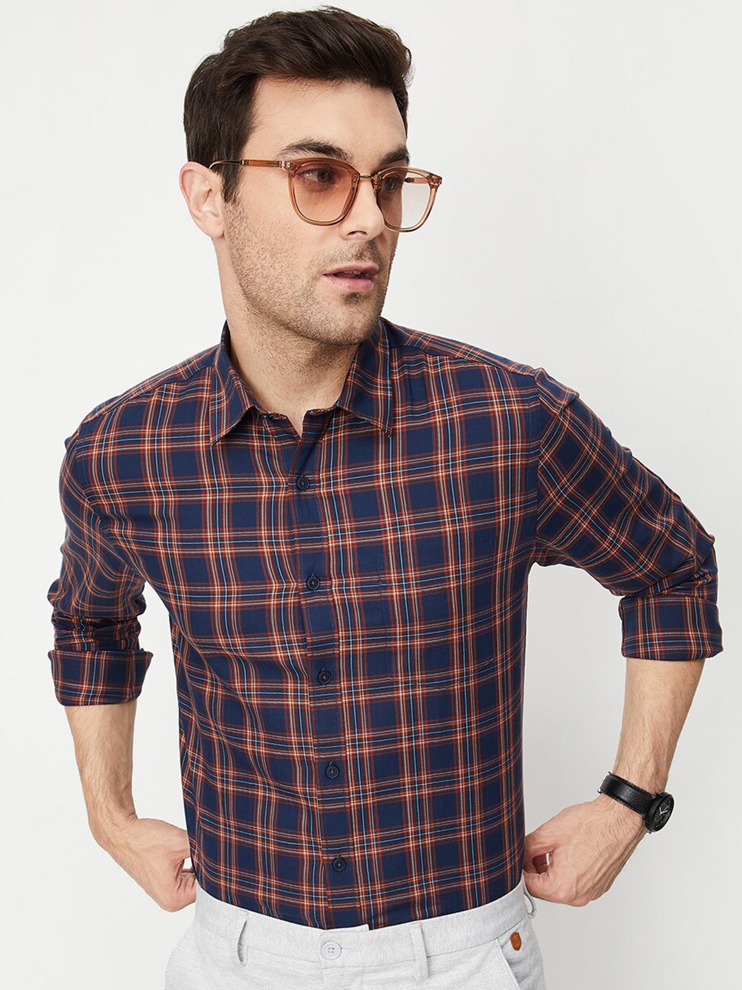 

max Men Tartan Checks Pure Cotton Casual Shirt, Navy blue