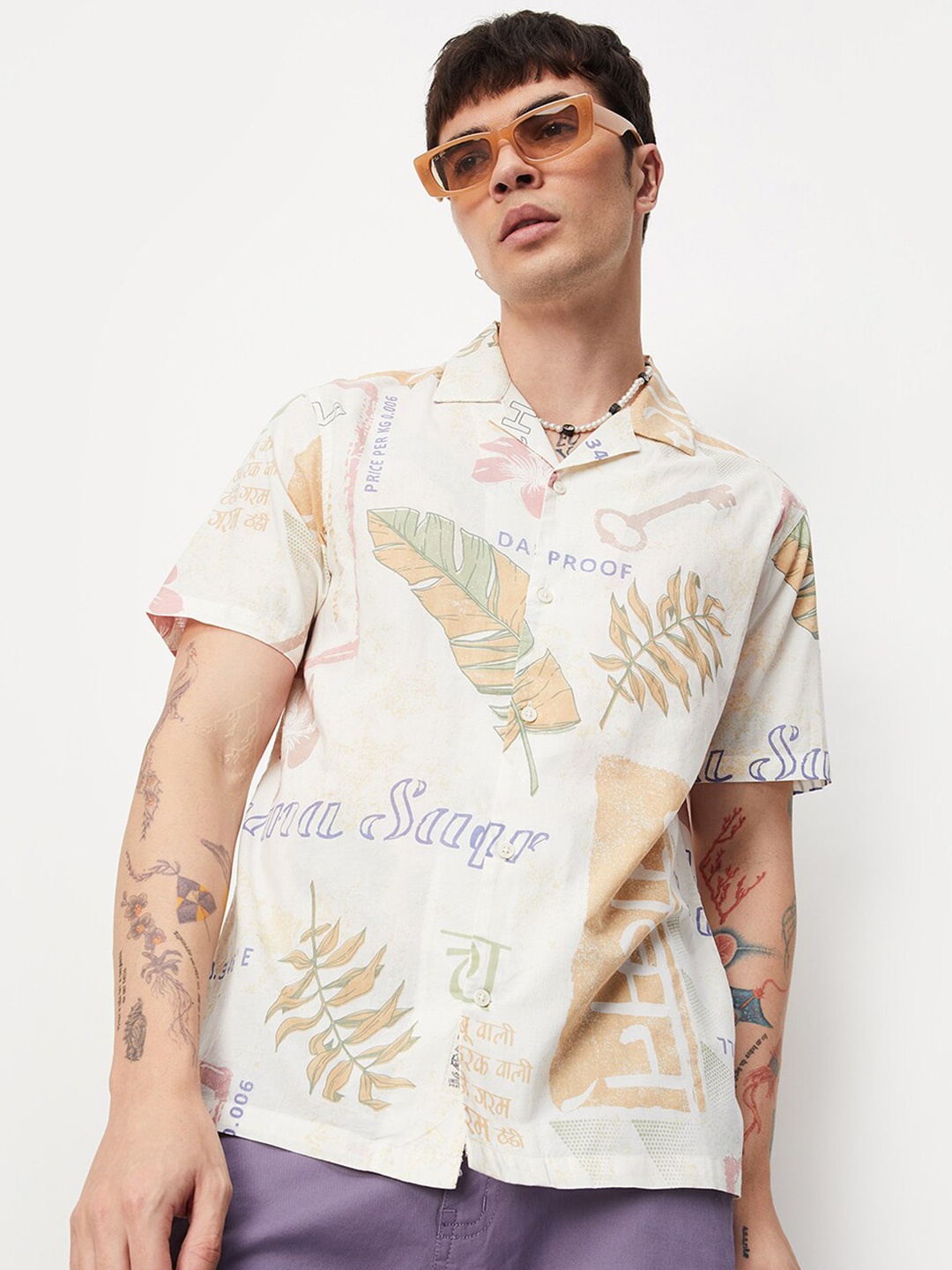 

max Men Beige Opaque Printed Cotton Casual Shirt