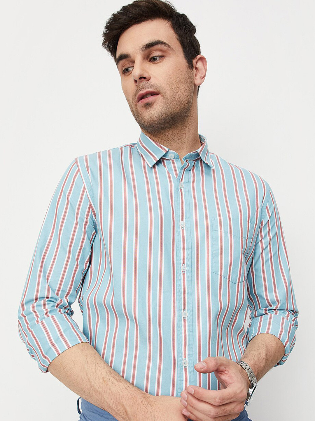 

max Men Blue Opaque Striped Cotton Casual Shirt