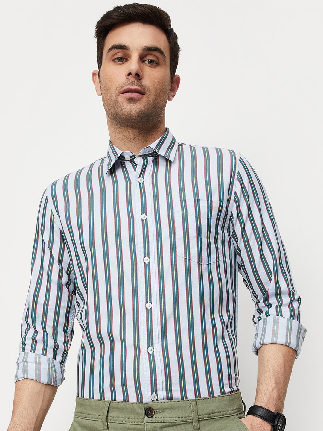 

max Striped Pure Cotton Casual Shirt, Green