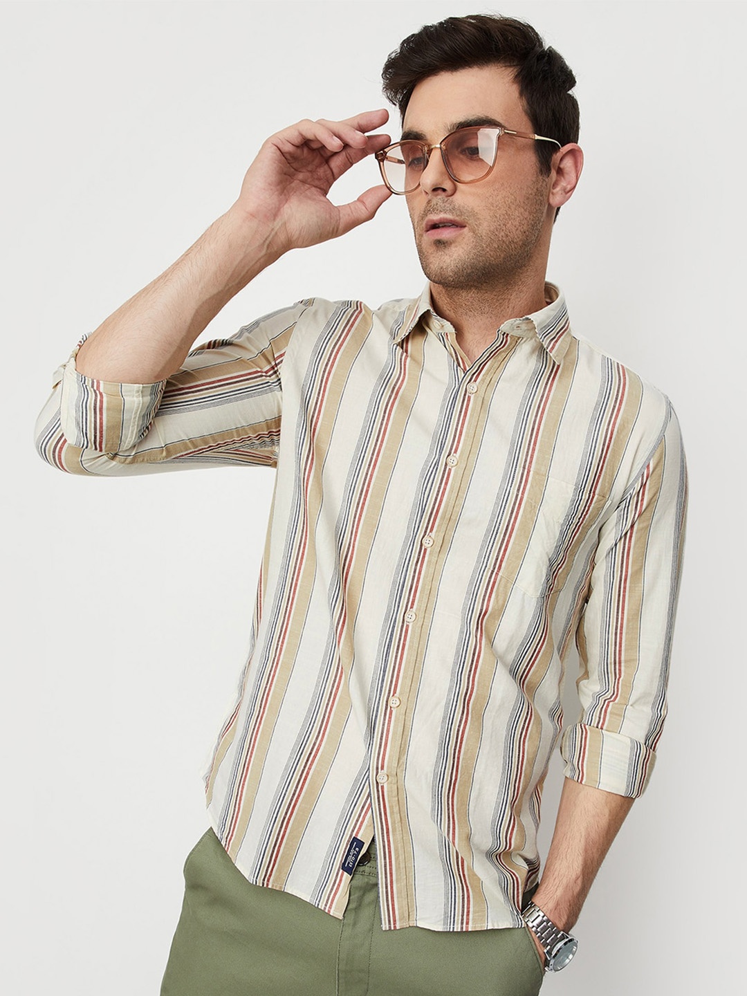 

max Opaque Striped Cotton Casual Shirt, Orange
