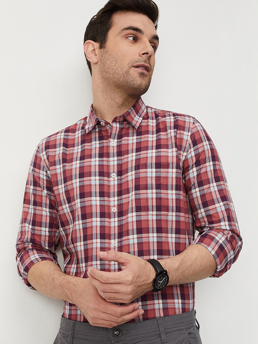 

max Tartan Checks Opaque Checked Cotton Casual Shirt, Red