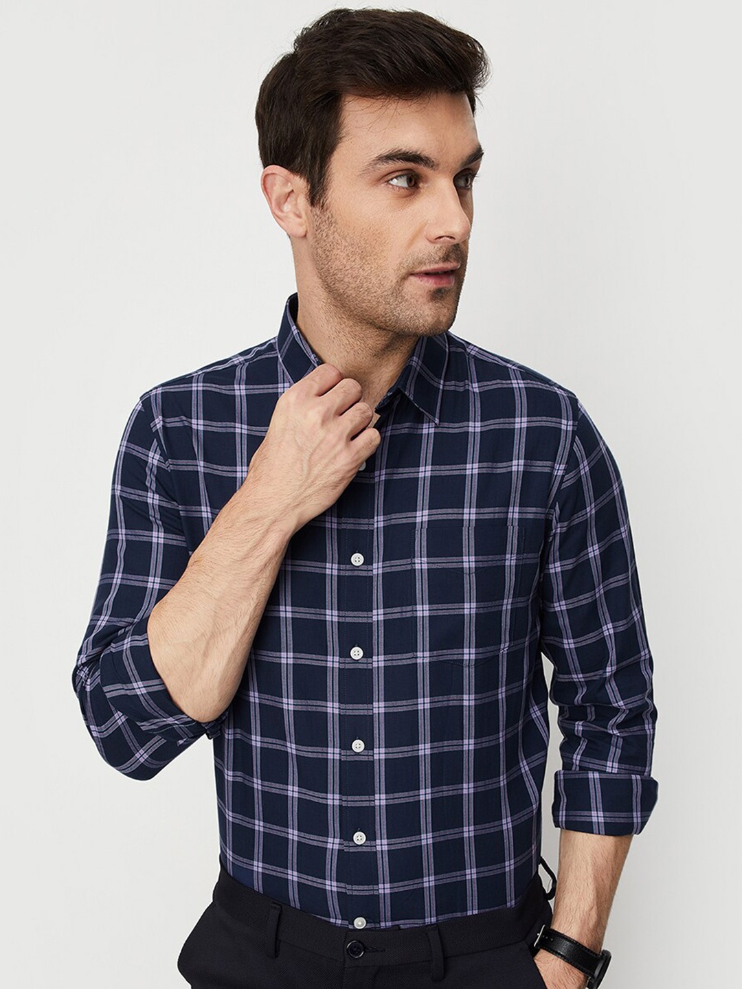 

max Windowpane Checks Opaque Checked Cotton Casual Shirt, Purple
