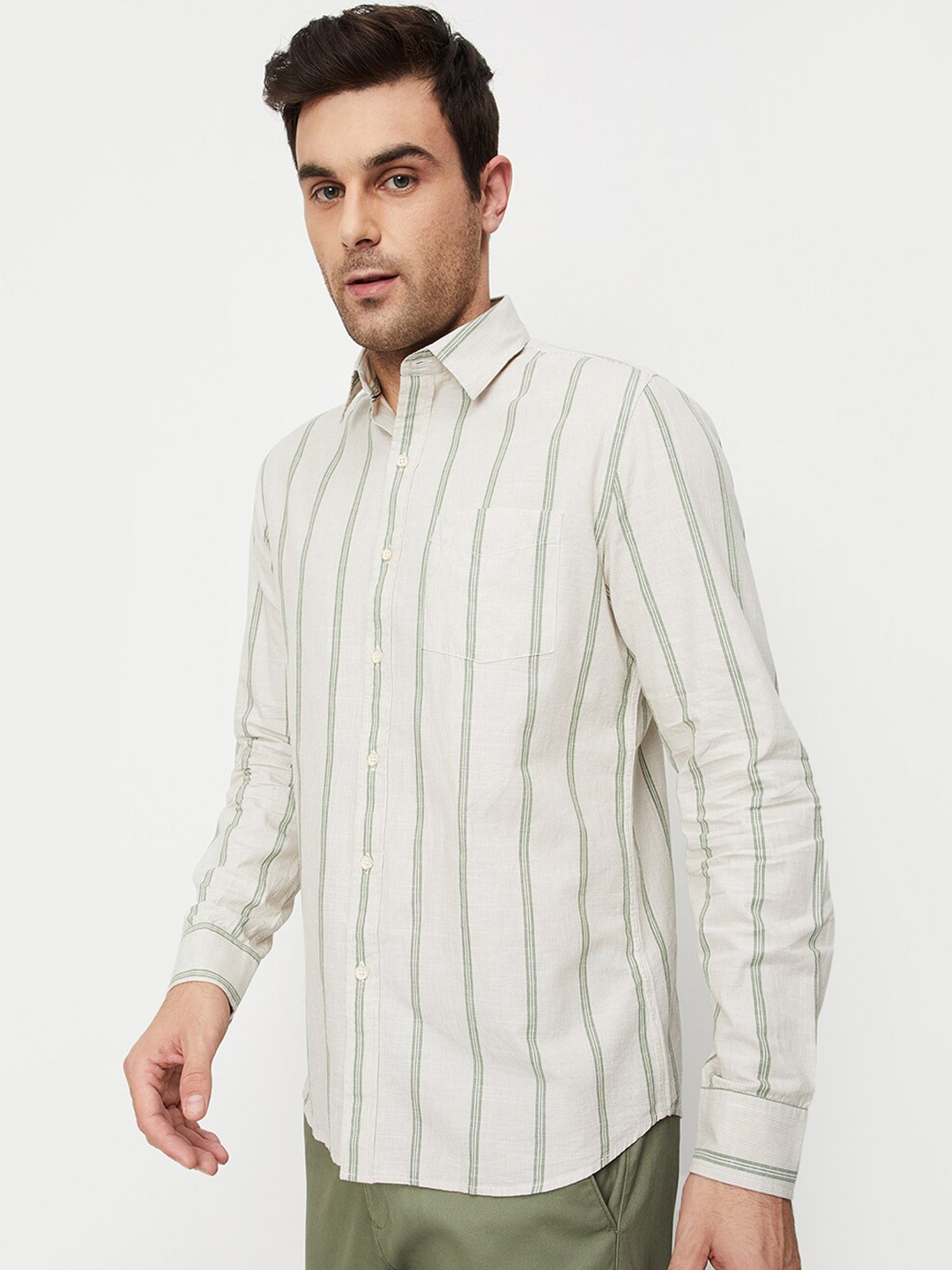 

max Opaque Striped Cotton Casual Shirt, Beige
