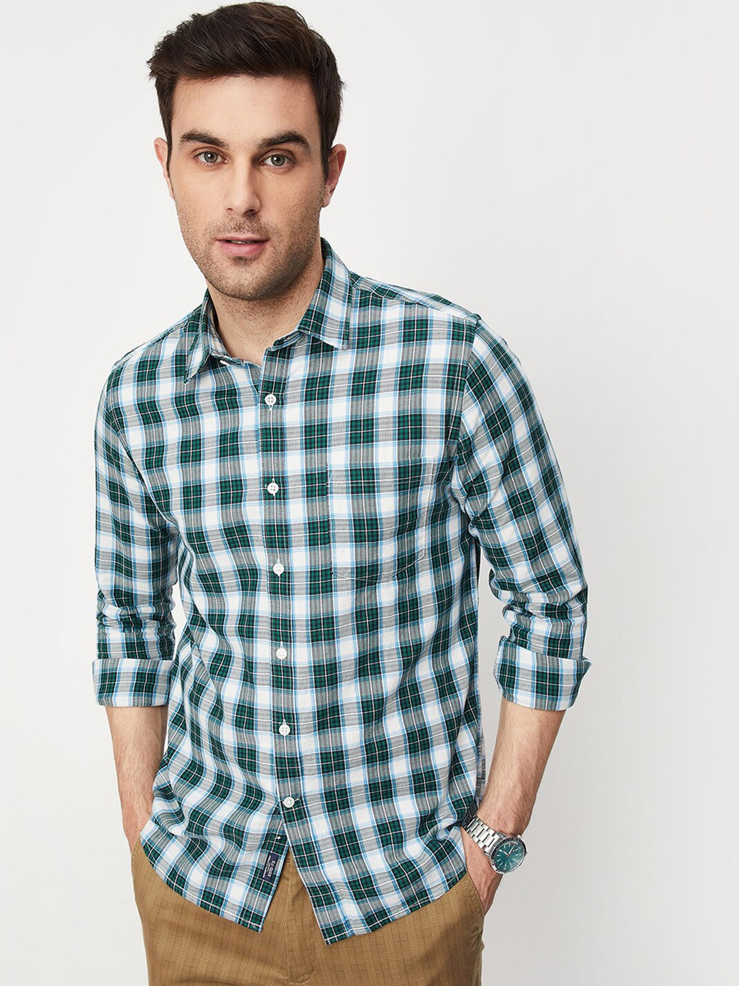 max Gingham Checks Pure Cotton Casual Shirt, Green