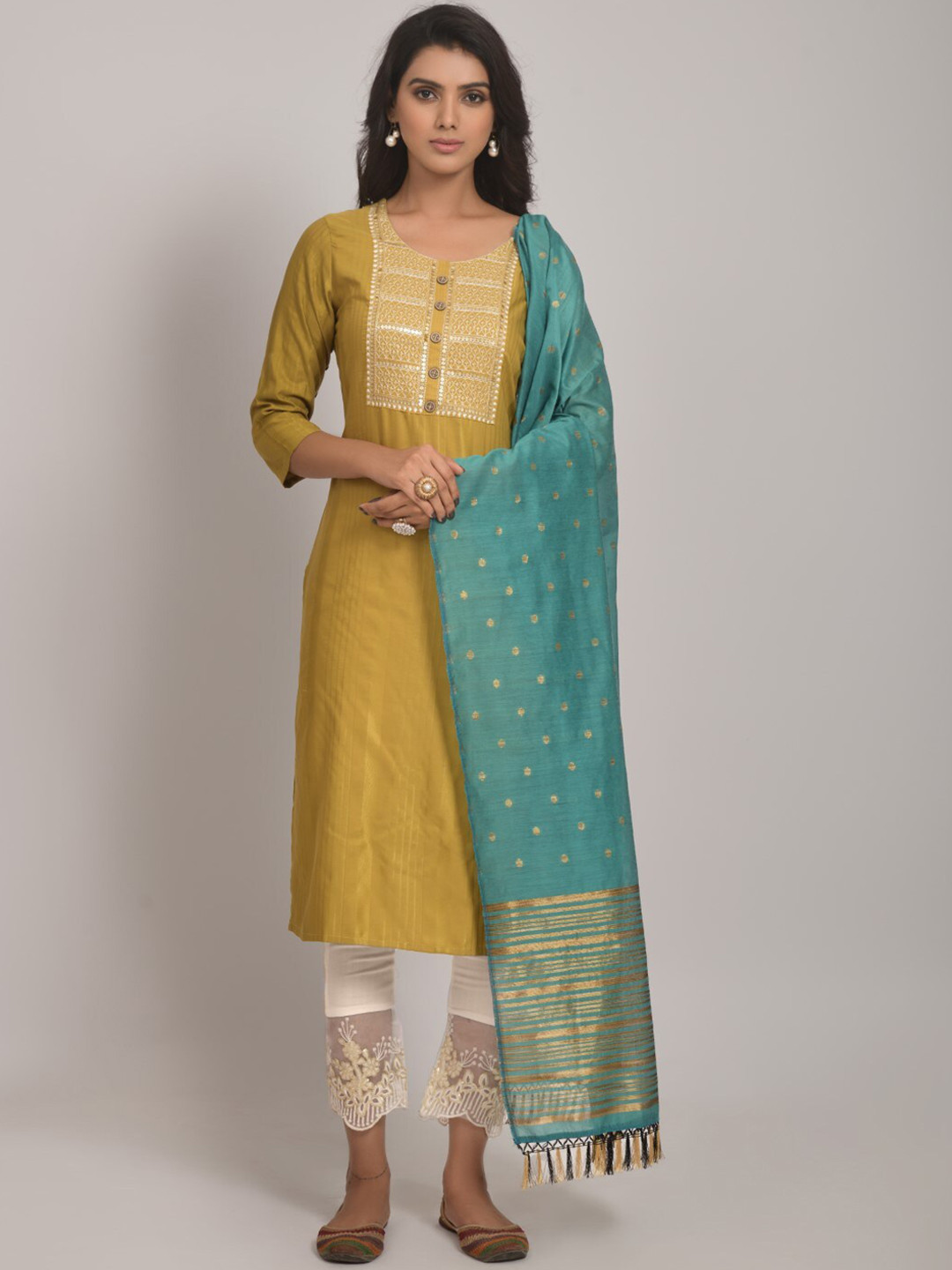 

FAVRIZ Striped Printed Sequined Detail Straight Kurta & Trouser With Dupatta, Yellow