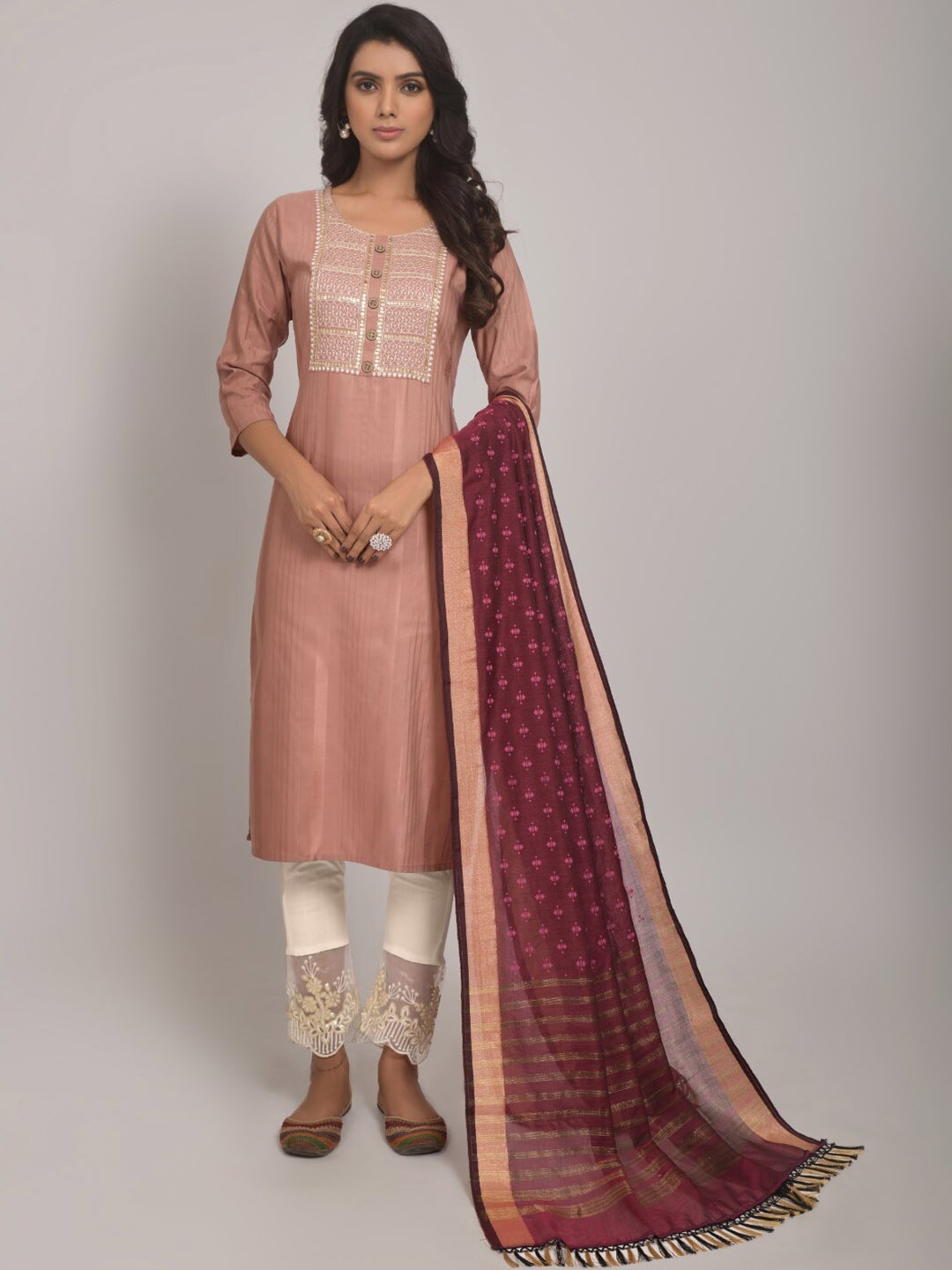 

FAVRIZ Yoke Design Embroidered Regular Kurta With Trousers & Dupatta, Peach