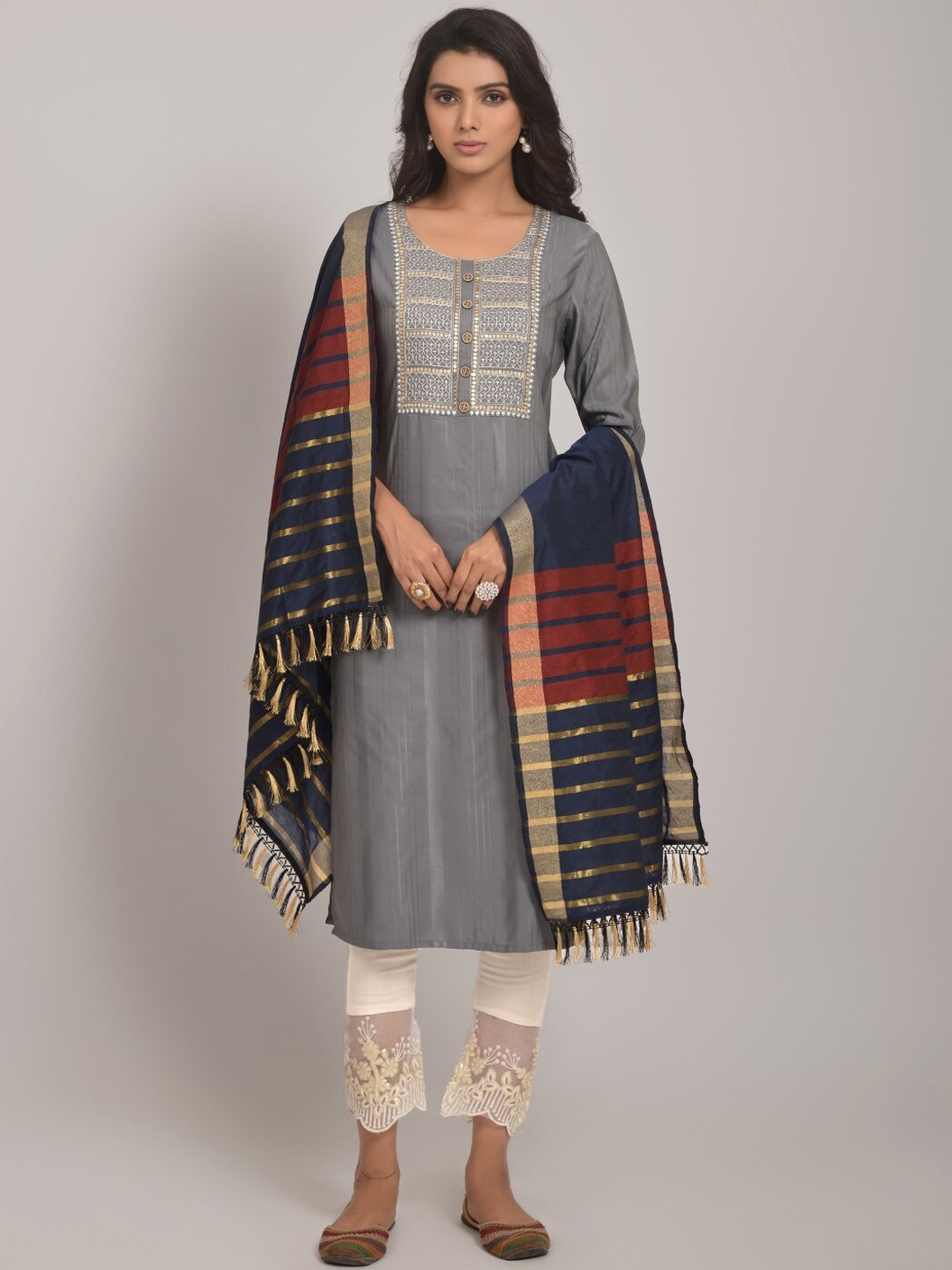 

FAVRIZ Striped Printed Sequined Detail Straight Kurta & Trouser With Dupatta, Grey