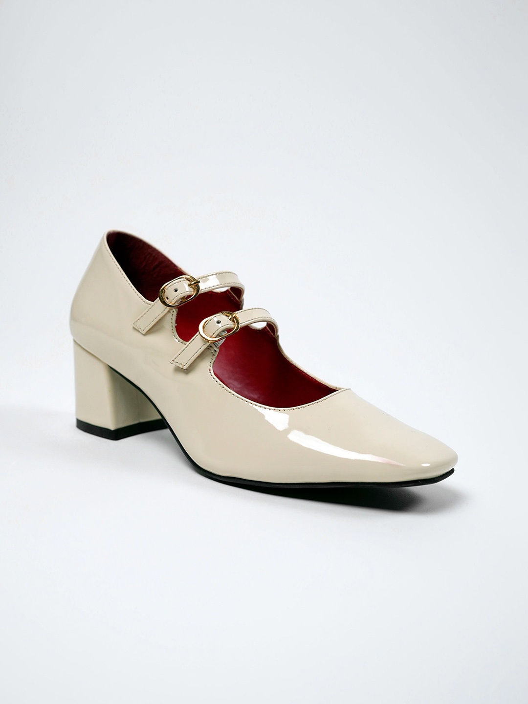 

Theater Kelly SWAN Square Toe Block Pumps With Buckles, Cream