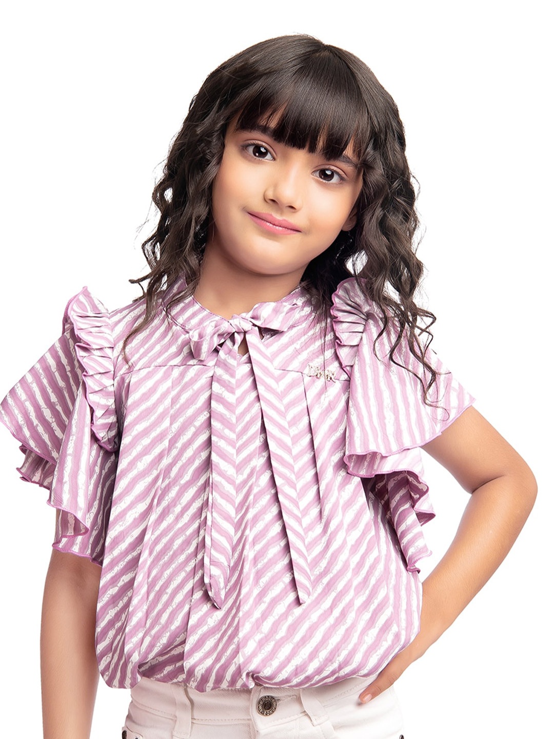 

Tiny Kingdom Girls Striped Flutter Sleeves Blouson Top, Purple