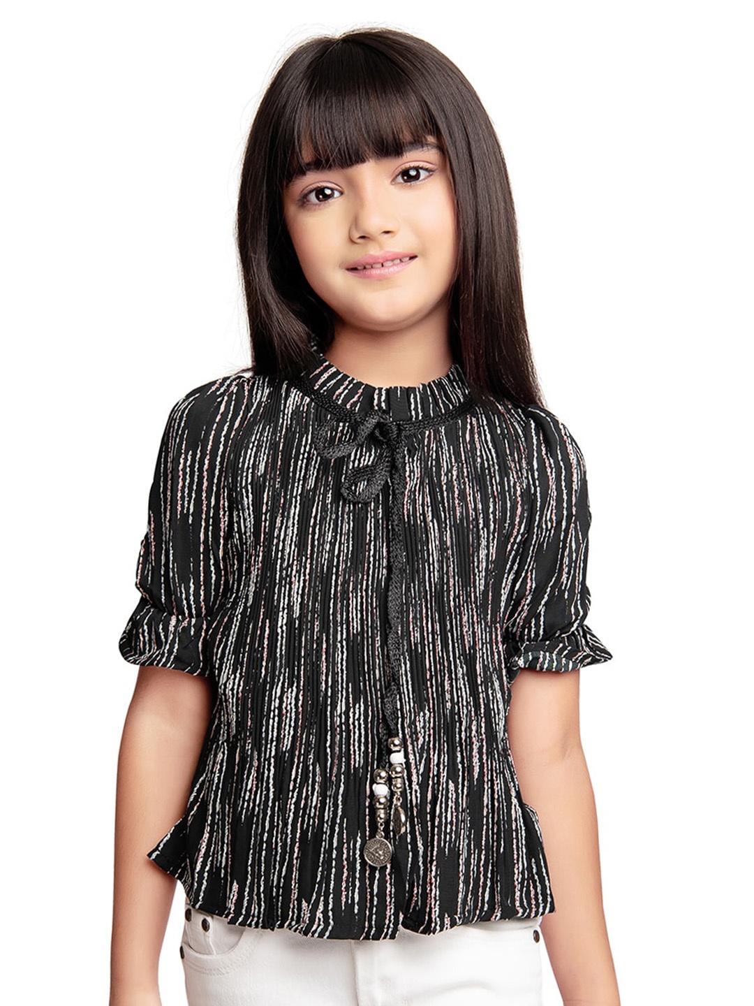Tiny Kingdom Striped High Neck Top, Black