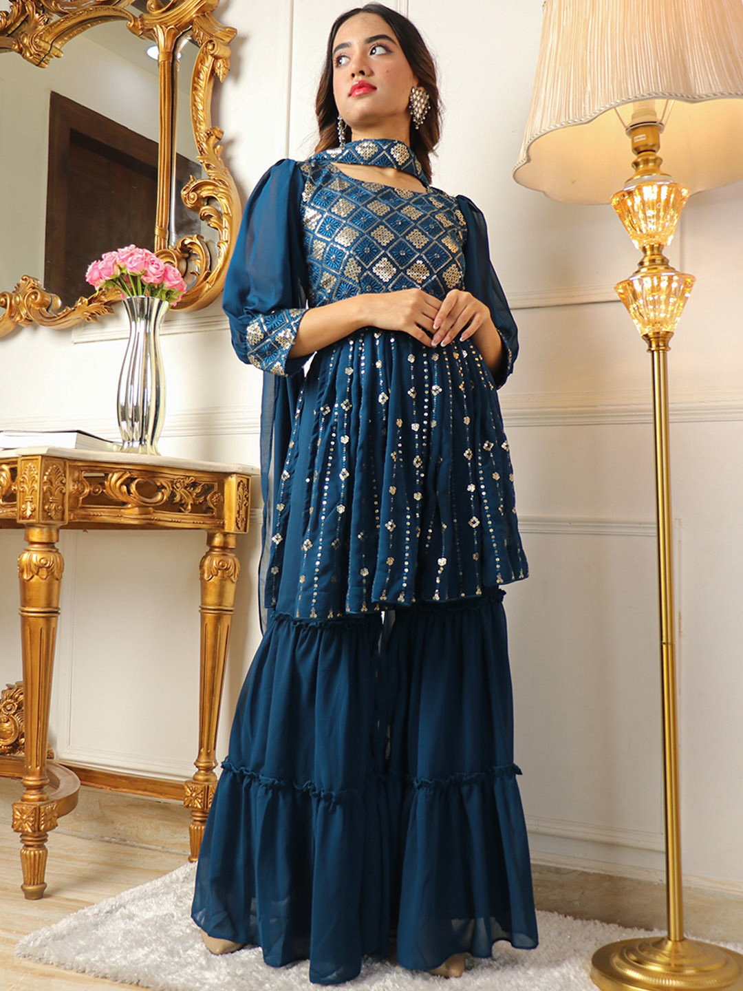 

Vidraa Western Store Blue Floral Embroidered Empire Sequinned Kurta with Sharara & Dupatta