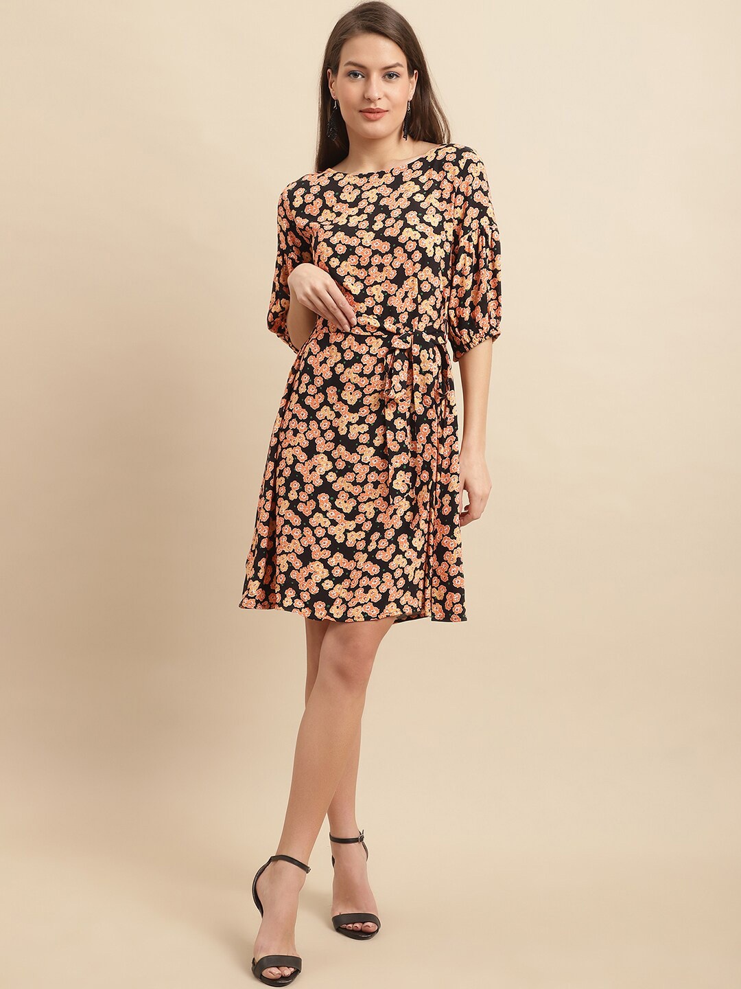 

Just Wow Floral Printed Crepe A-Line Dress, Black