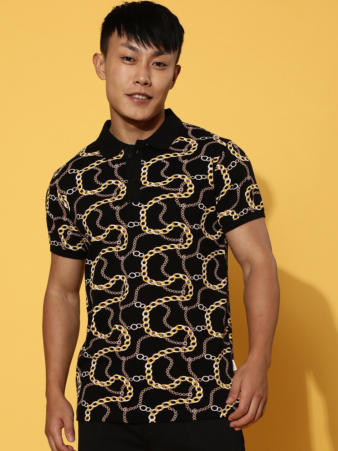 

VEIRDO Black Conversational Printed Polo Collar Cotton Casual T-Shirt