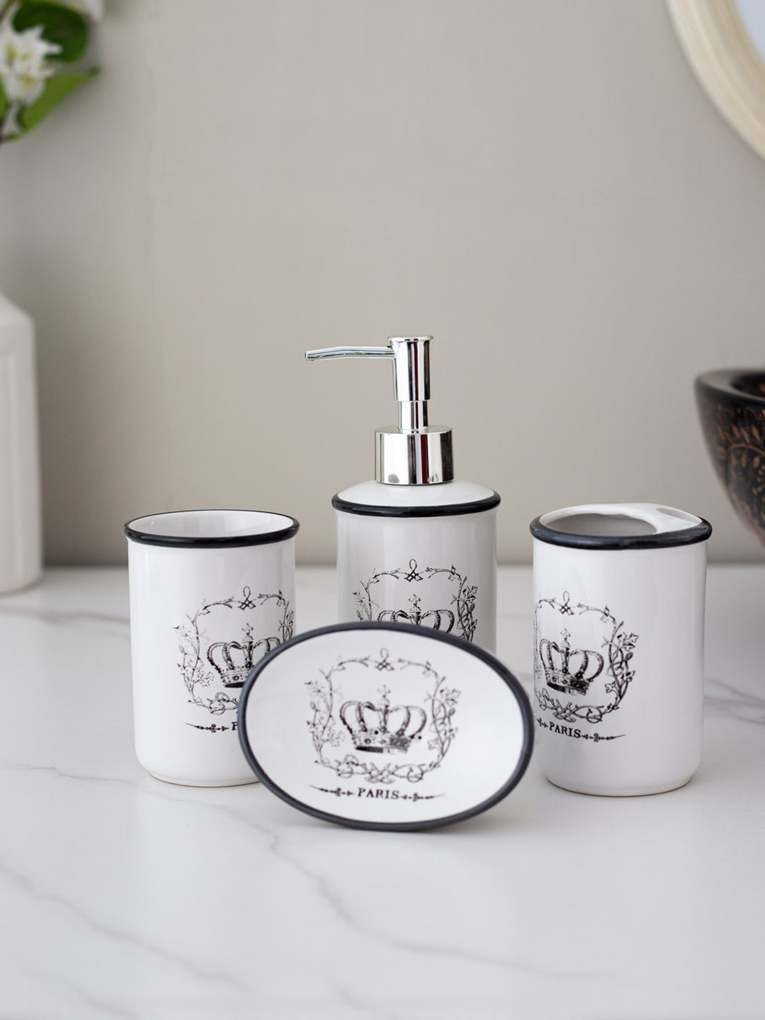

THEDECORKART White 4 Pieces Dispenser Bathroom Accessories