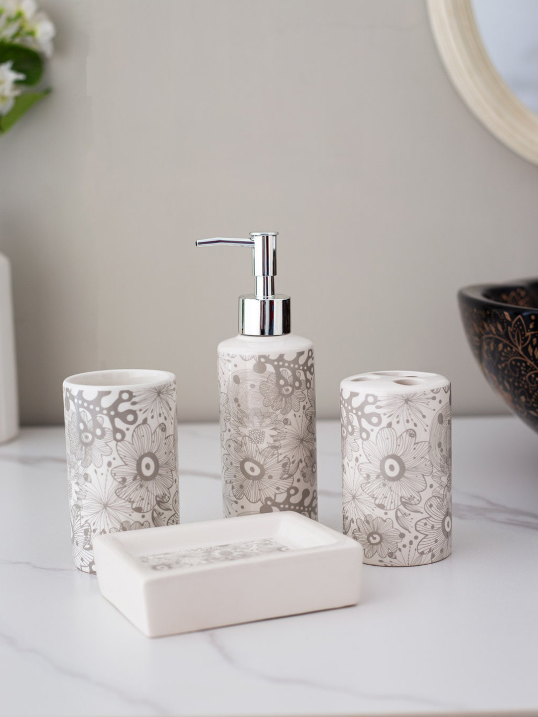 

THEDECORKART 4-Piece Off White & Beige Floral Printed Dispenser Bathroom Accessories