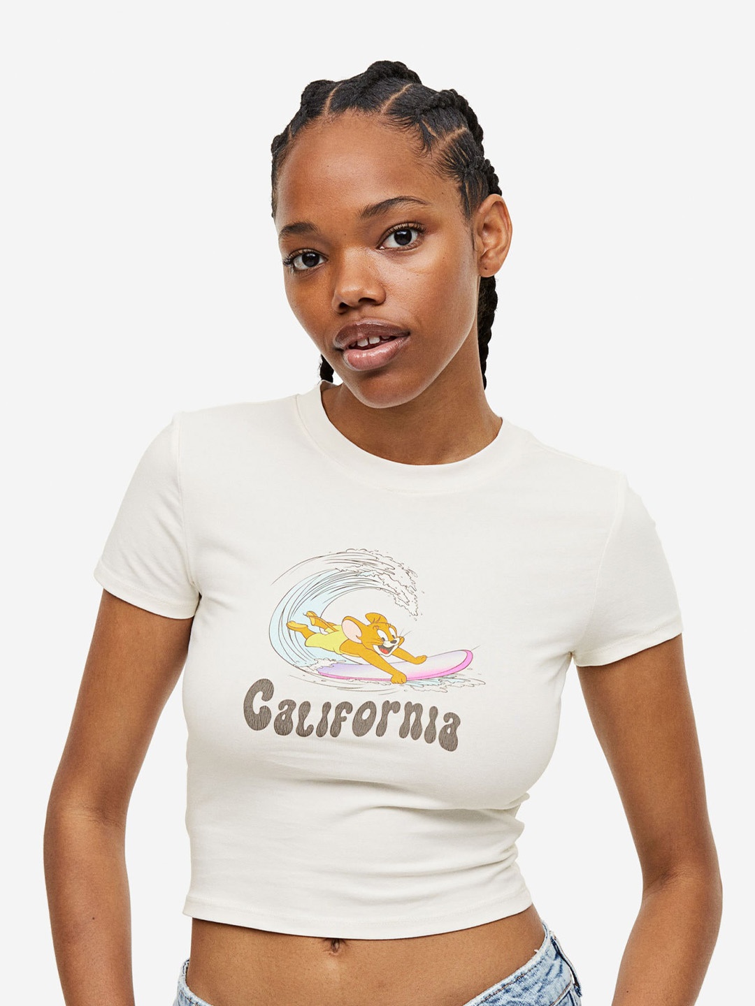 

H&M Cropped Printed T-shirt, White