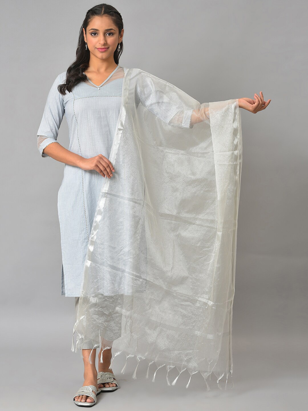 

AURELIA Taselled Border Dupatta, Silver