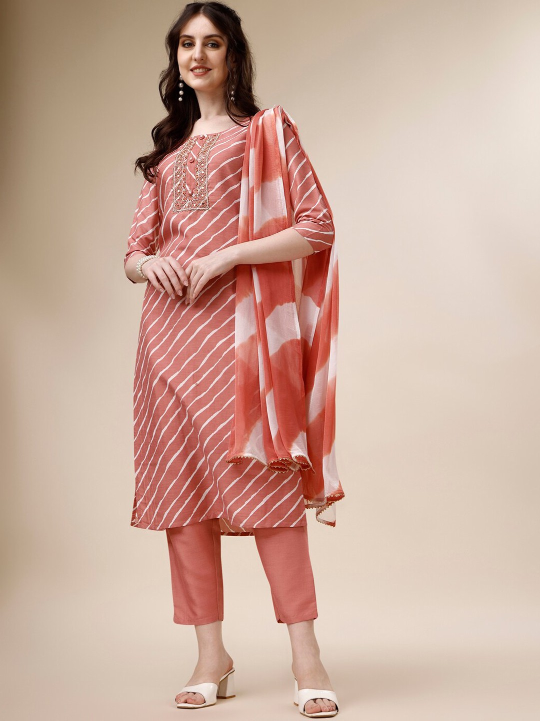 

Berrylicious Leheriya Printed Mirror Work Kurta with Trousers & Dupatta, Pink