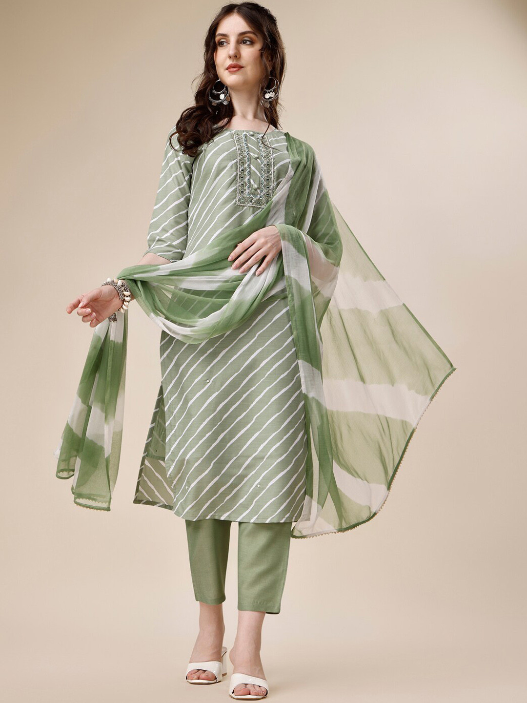 

Berrylicious Leheriya Printed Mirror Work Kurta with Trousers & Dupatta, Lime green