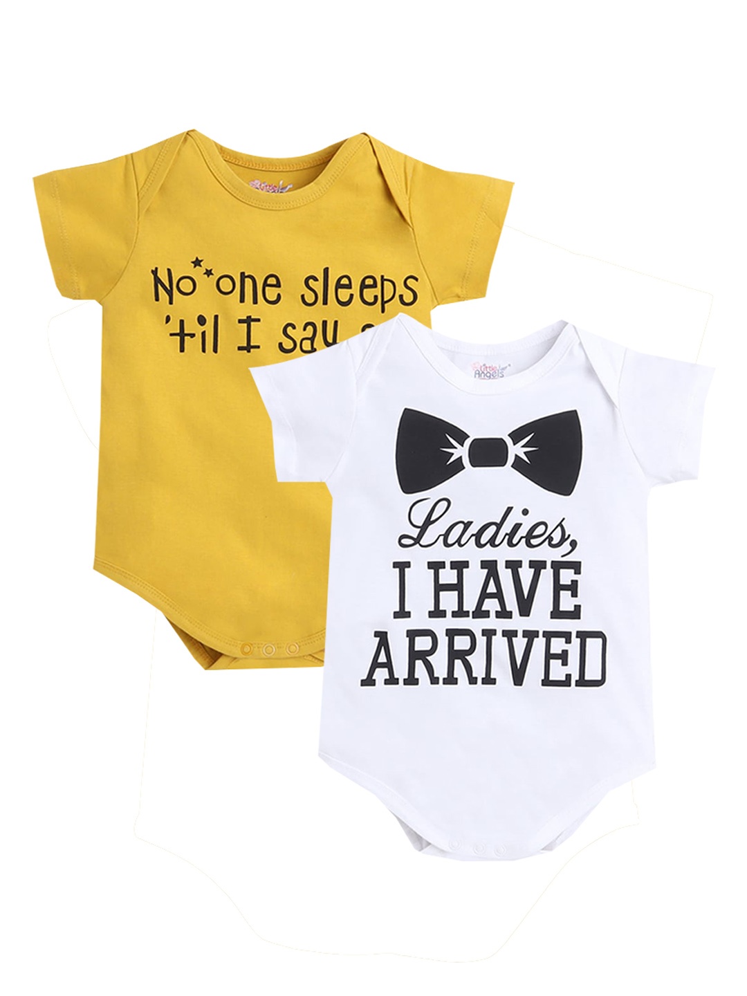 

Little Angels Infants Kids Pack Of 2 Typography Printed Cotton Rompers, Yellow