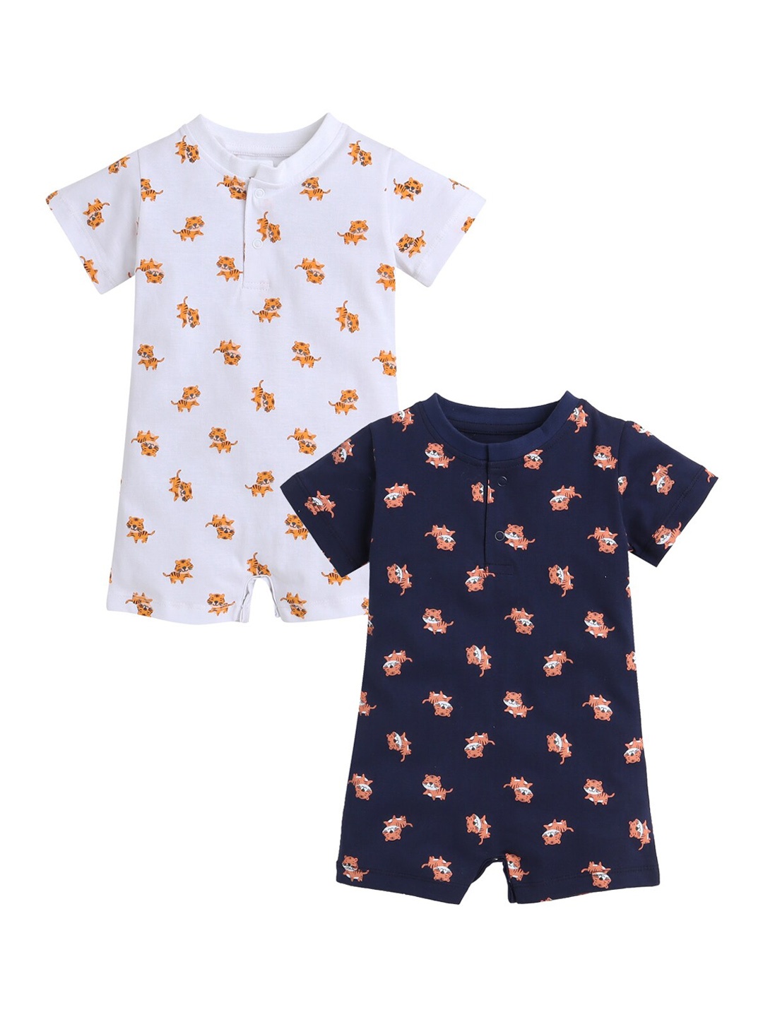 

Little Angels Kids Pack of 2 Tiger Printed Breathable & Soft Cotton Rompers, White