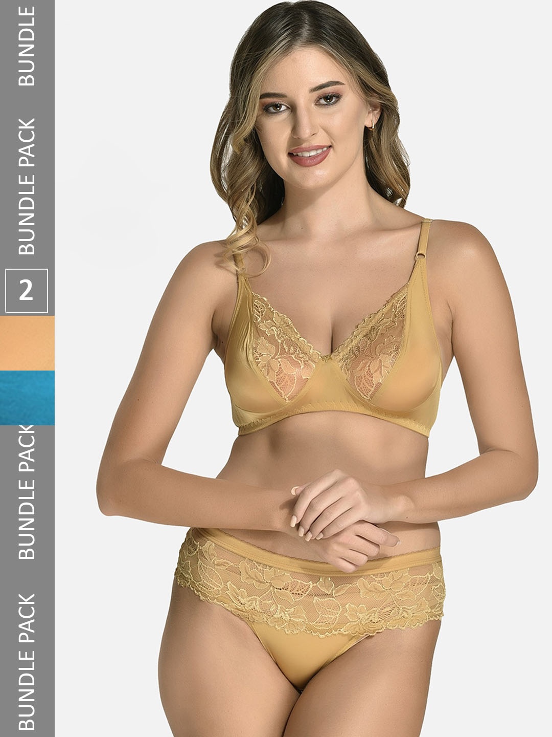 

StyFun Pack Of 2 Self Designed Cotton Lycra Lingerie Set VM_CatSet_BlueBeige_B, Blue