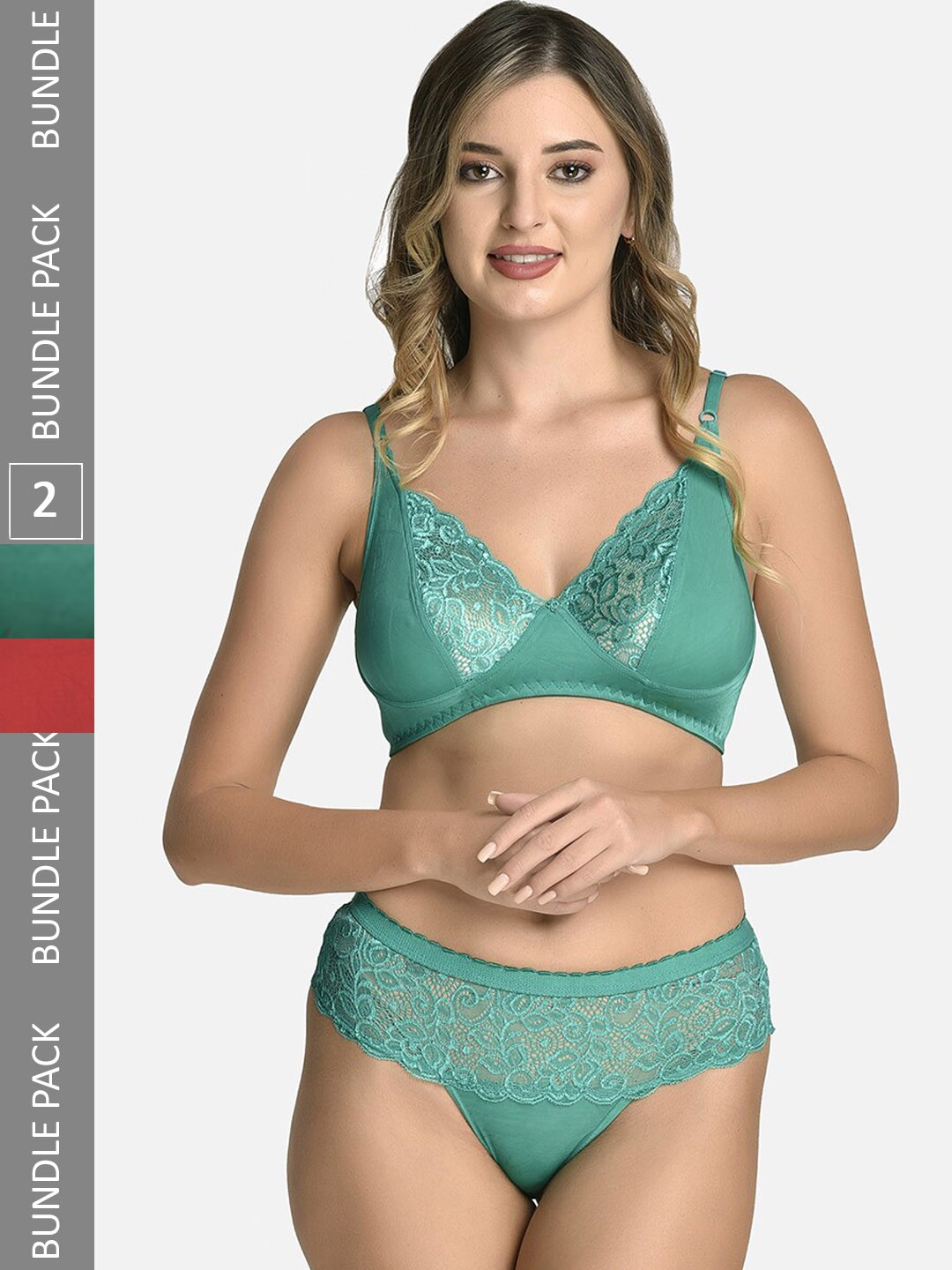 

StyFun Pack Of 2 Self Designed Cotton Lycra Lingerie Set VM_CatSet_GreenMaroon_B, Green