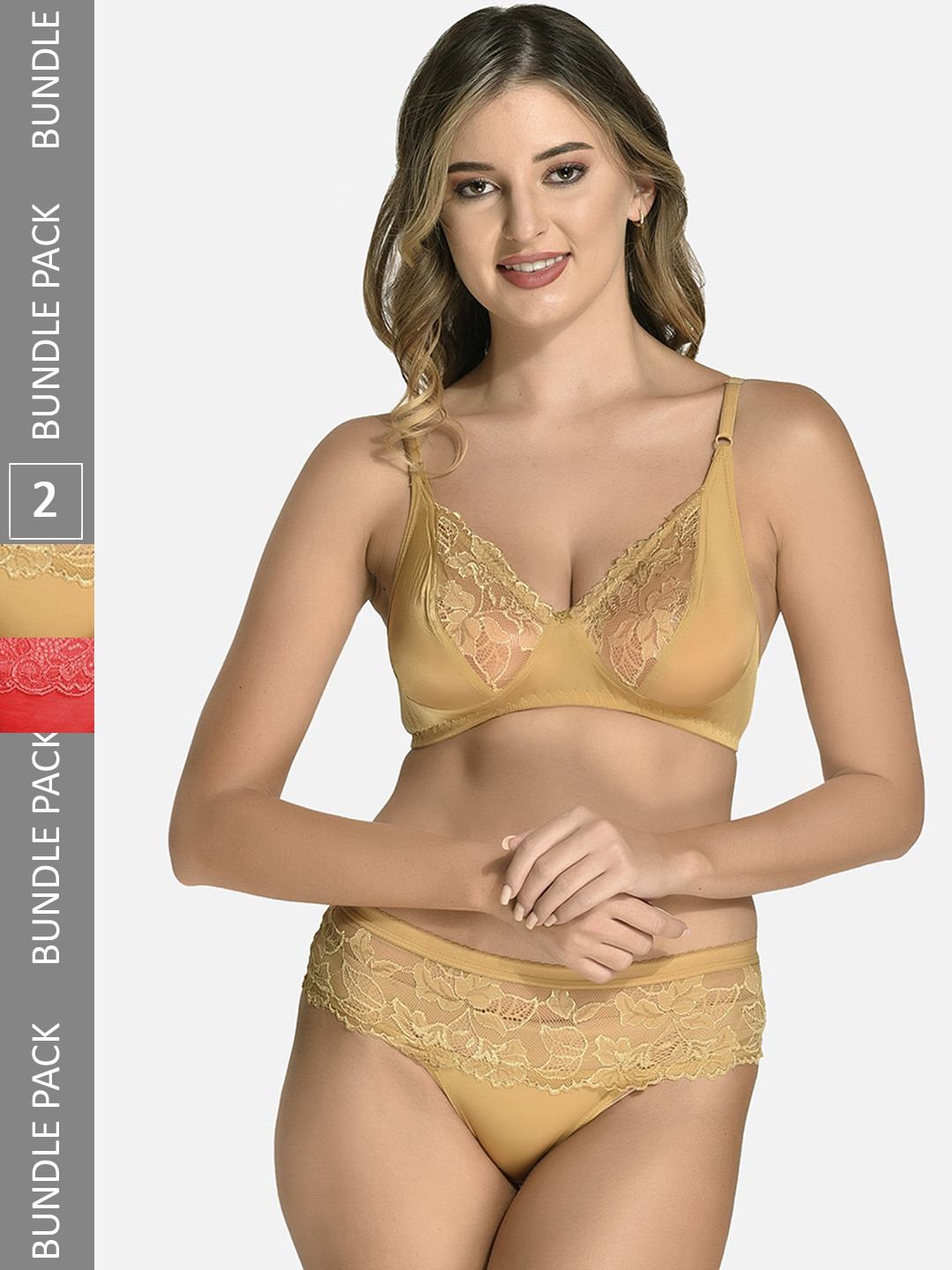

StyFun Pack Of 2 Self Designed Cotton Lycra Lingerie Set VM_CatSet_RedBeige_B, Red