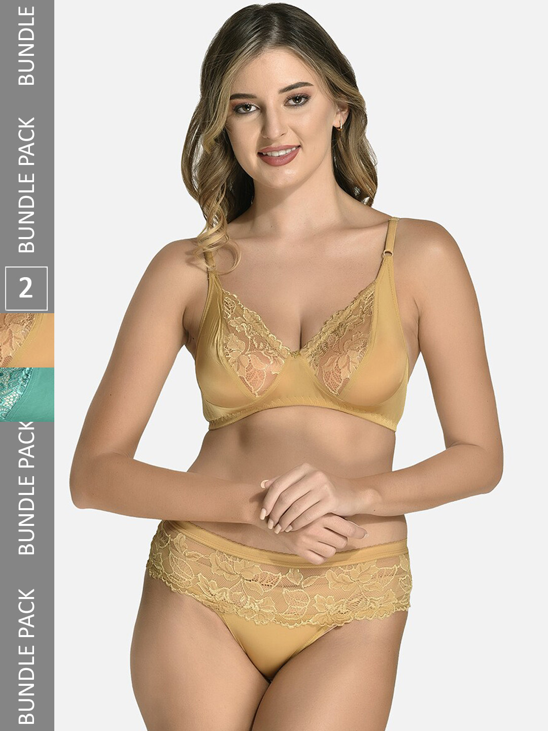 

StyFun Women Pack Of 2 Laced Cotton Lycra Lingerie Set VM_CatSet_GreenBeige_B, Green