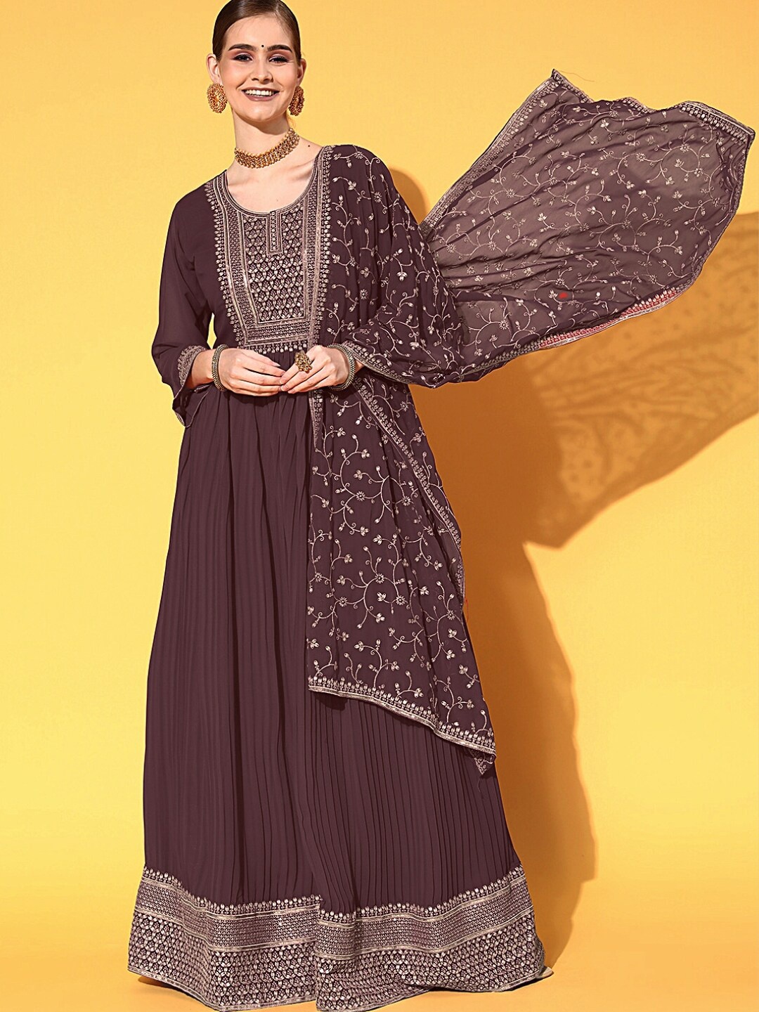 

Chhabra 555 Brown Embroidered Anarkali Georgette Ethnic Dress With Dupatta
